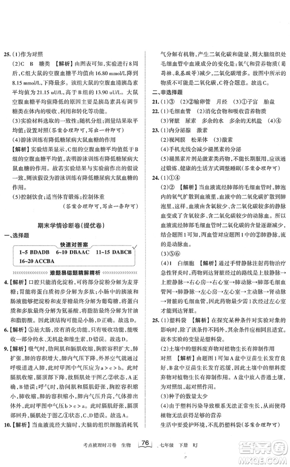 江西人民出版社2022王朝霞考點(diǎn)梳理時(shí)習(xí)卷七年級(jí)生物下冊(cè)RJ人教版答案