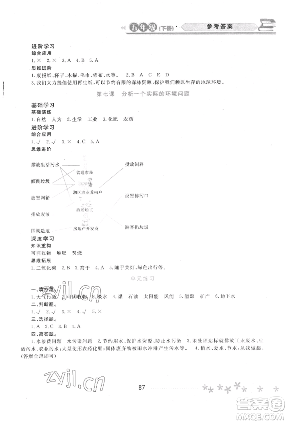 黑龍江教育出版社2022資源與評價五年級下冊科學(xué)教科版參考答案