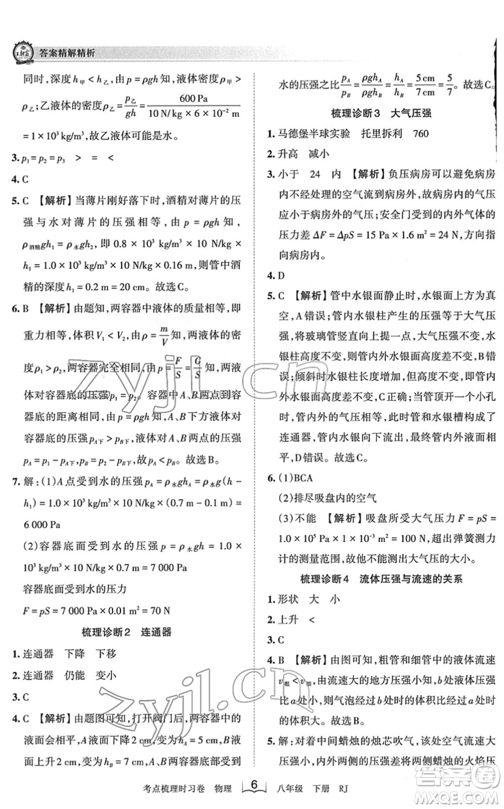 江西人民出版社2022王朝霞考點梳理時習卷八年級物理下冊RJ人教版答案