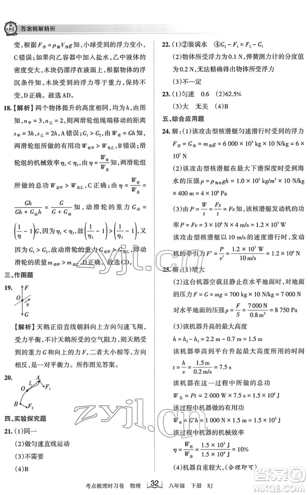 江西人民出版社2022王朝霞考點梳理時習卷八年級物理下冊RJ人教版答案