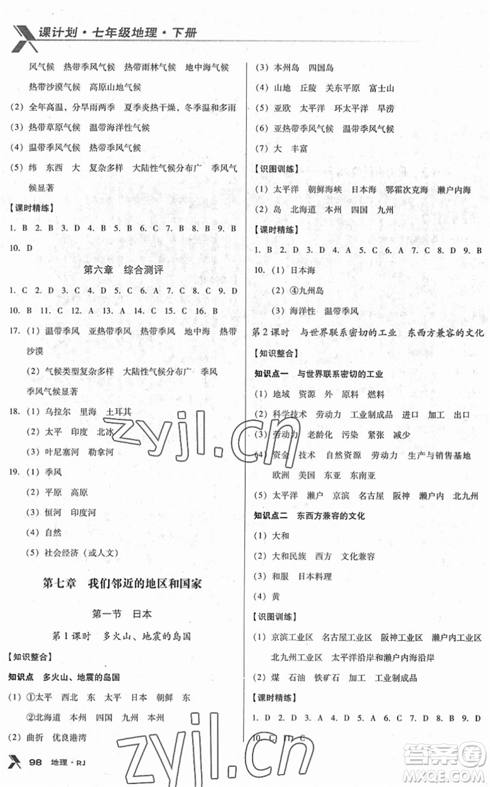 中國地圖出版社2022全優(yōu)點(diǎn)練課計(jì)劃七年級(jí)地理下冊RJ人教版答案