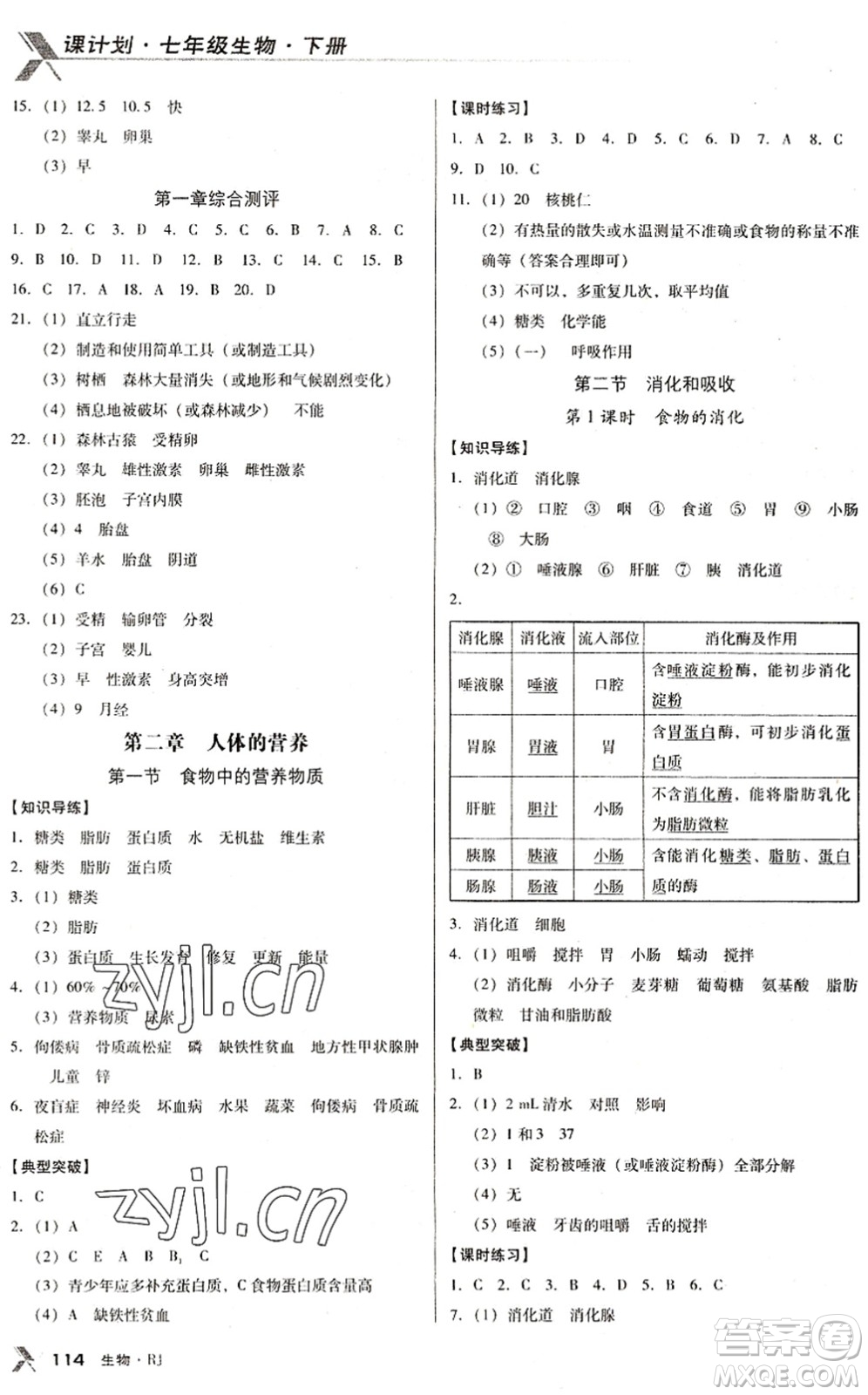 廣東經(jīng)濟出版社2022全優(yōu)點練課計劃七年級生物下冊RJ人教版答案