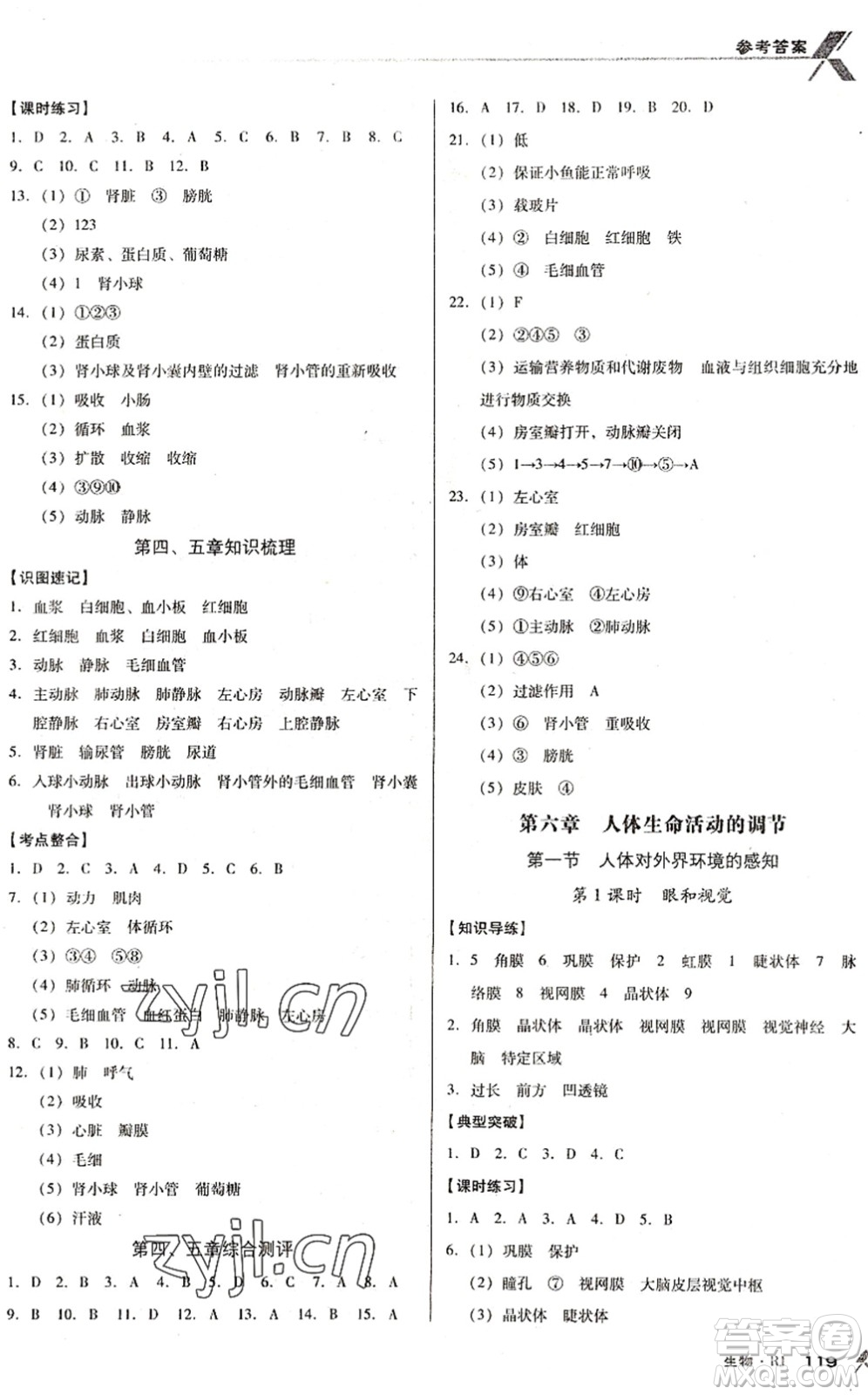 廣東經(jīng)濟出版社2022全優(yōu)點練課計劃七年級生物下冊RJ人教版答案
