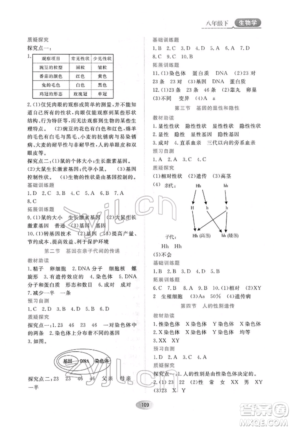 黑龍江教育出版社2022資源與評(píng)價(jià)八年級(jí)下冊(cè)生物學(xué)人教版大慶專版參考答案