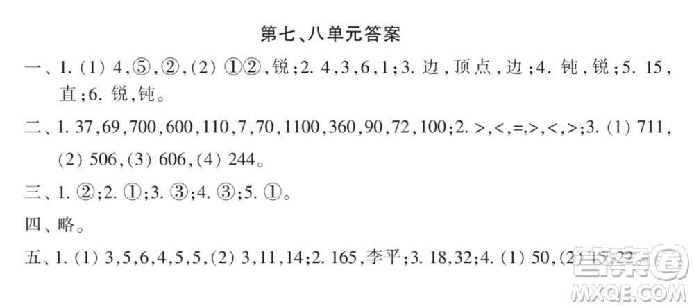 2022春小學生數(shù)學報配套試卷二年級下冊第七八單元測試卷參考答案