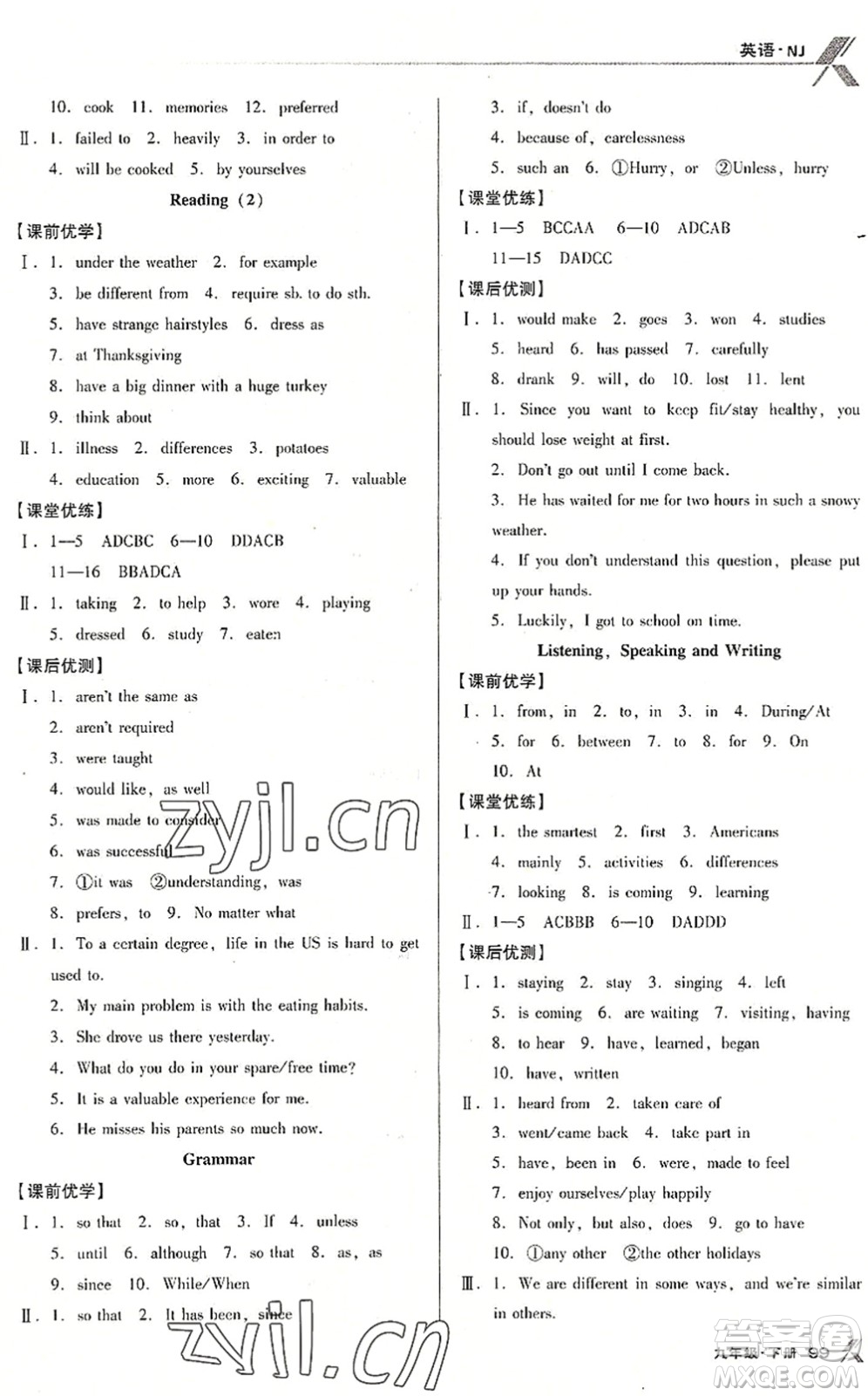 遼海出版社2022全優(yōu)點練課計劃九年級英語下冊NJ牛津版答案
