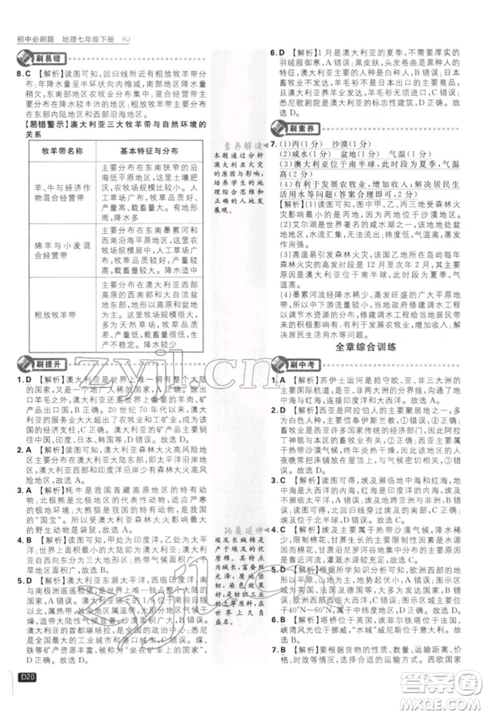開明出版社2022初中必刷題七年級(jí)地理下冊人教版參考答案