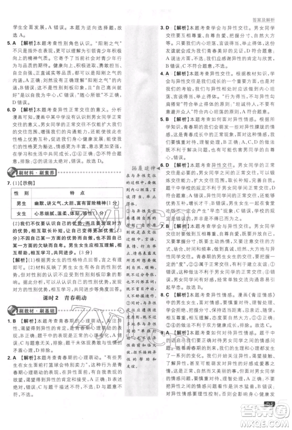 開(kāi)明出版社2022初中必刷題七年級(jí)道德與法治下冊(cè)人教版參考答案