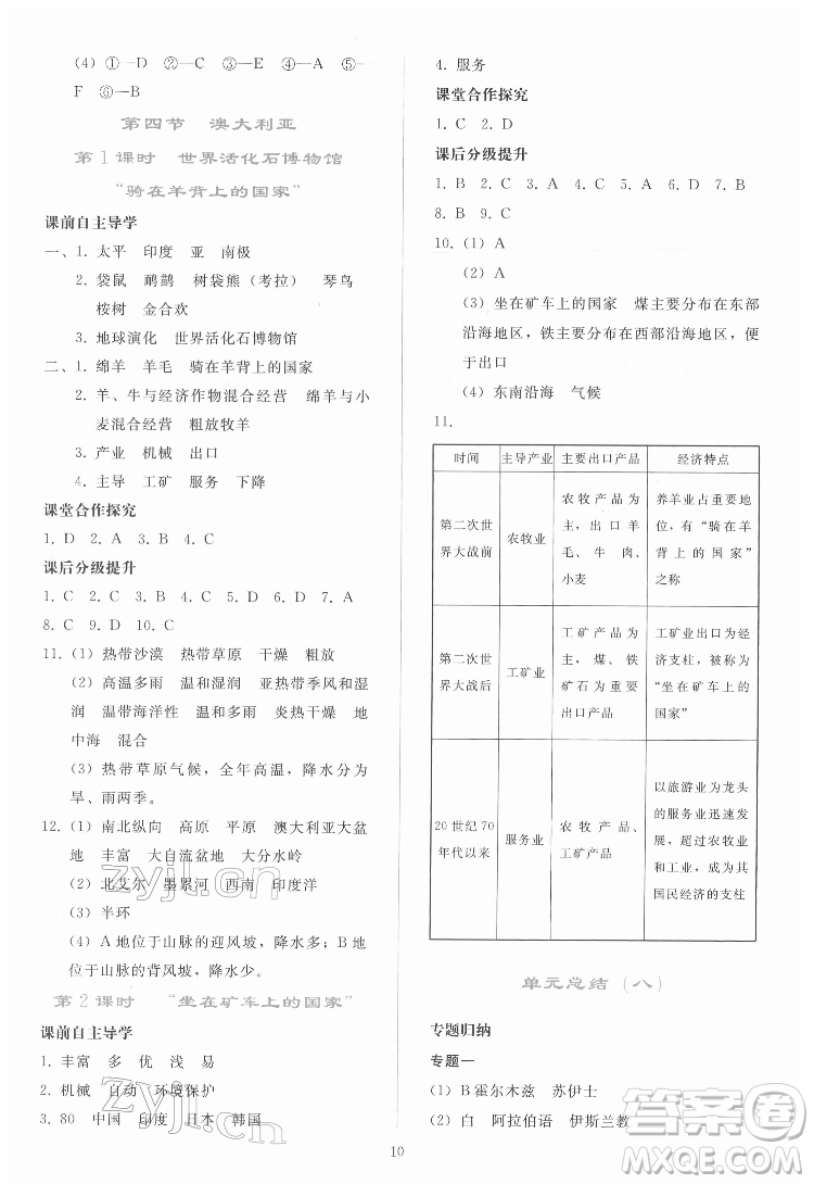 人民教育出版社2022同步輕松練習地理七年級下冊人教版答案