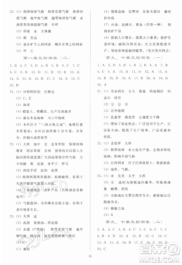人民教育出版社2022同步輕松練習地理七年級下冊人教版答案