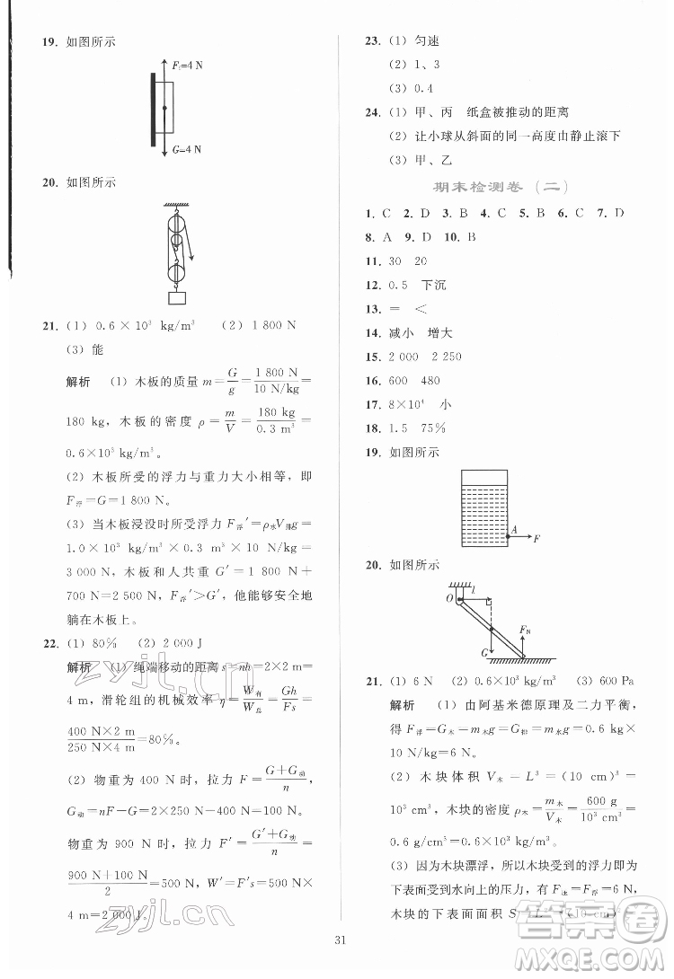 人民教育出版社2022同步輕松練習(xí)物理八年級下冊人教版答案