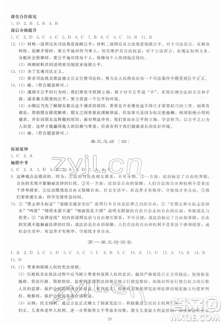 人民教育出版社2022同步輕松練習道德與法治八年級下冊人教版答案