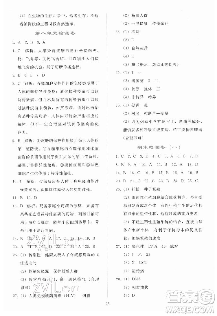 人民教育出版社2022同步輕松練習生物學八年級下冊人教版答案