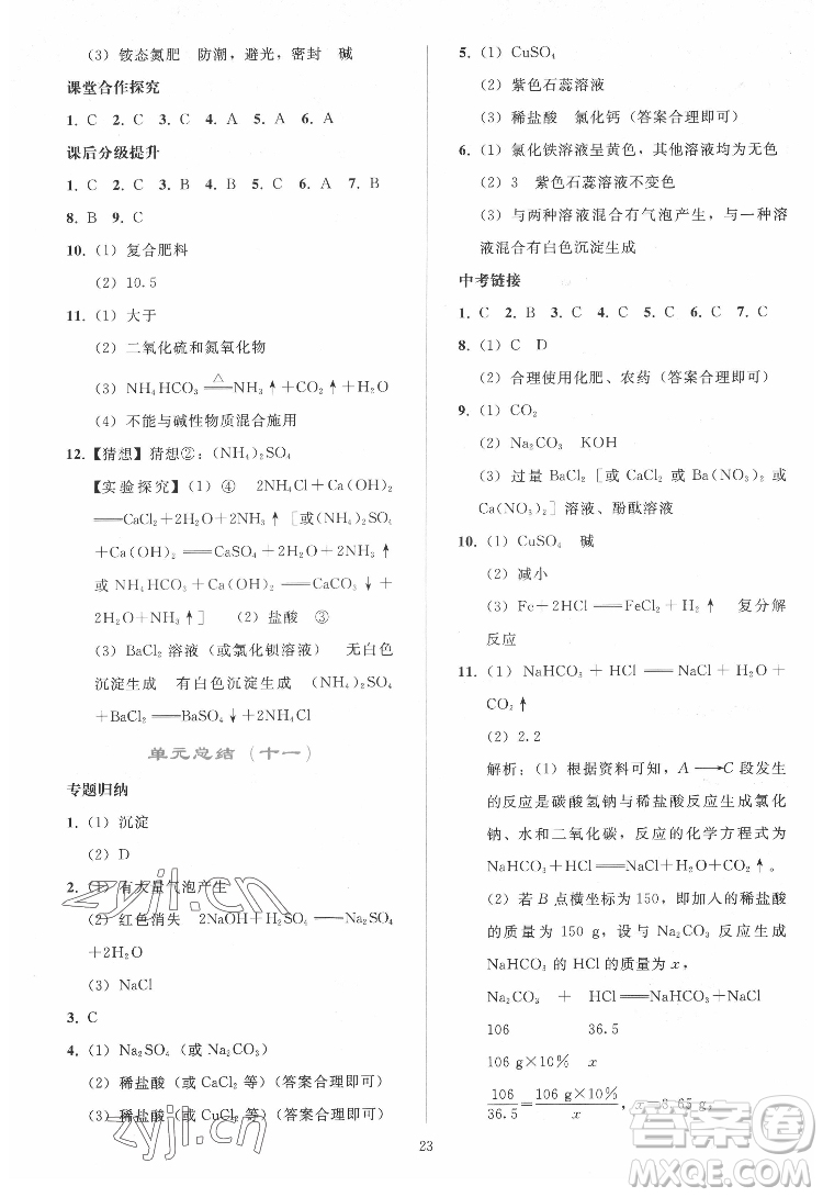 人民教育出版社2022同步輕松練習(xí)化學(xué)九年級(jí)下冊(cè)人教版答案