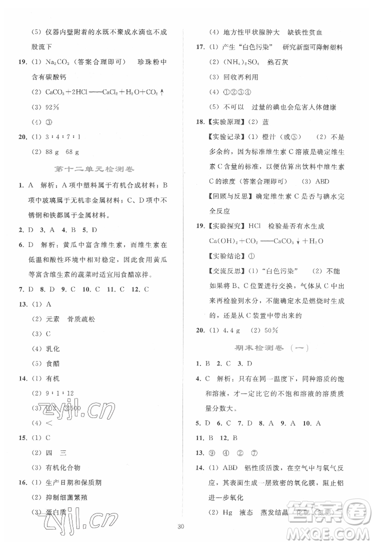 人民教育出版社2022同步輕松練習(xí)化學(xué)九年級(jí)下冊(cè)人教版答案