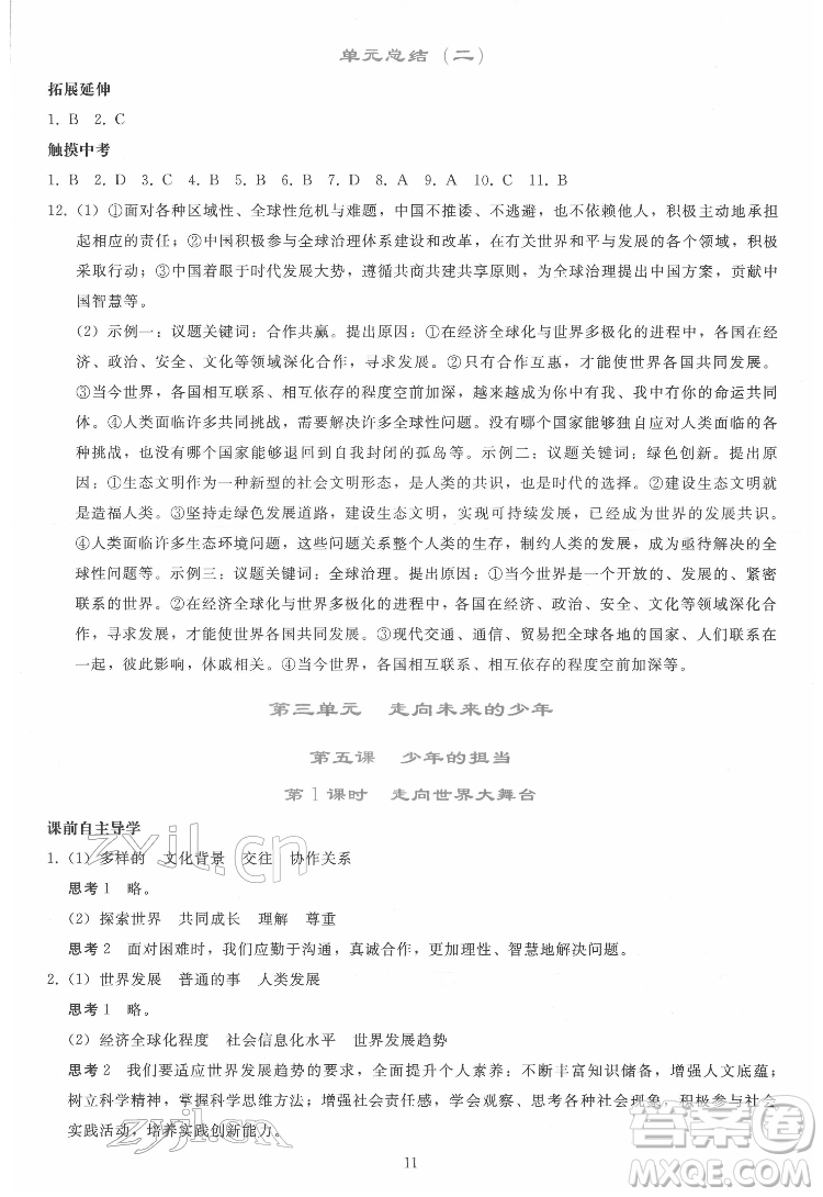 人民教育出版社2022同步輕松練習道德與法治九年級下冊人教版答案