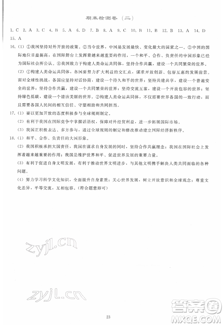 人民教育出版社2022同步輕松練習道德與法治九年級下冊人教版答案