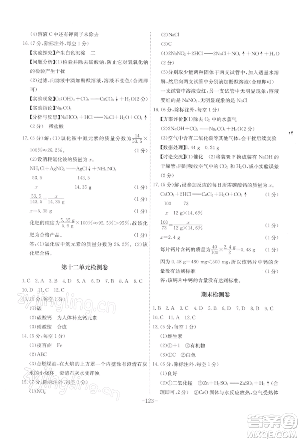 安徽師范大學(xué)出版社2022課時(shí)A計(jì)劃九年級(jí)下冊(cè)化學(xué)人教版參考答案