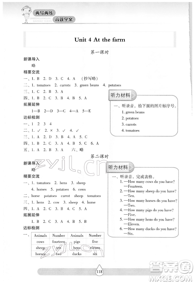 希望出版社2022新課標兩導兩練高效學案英語四年級下冊人教版答案