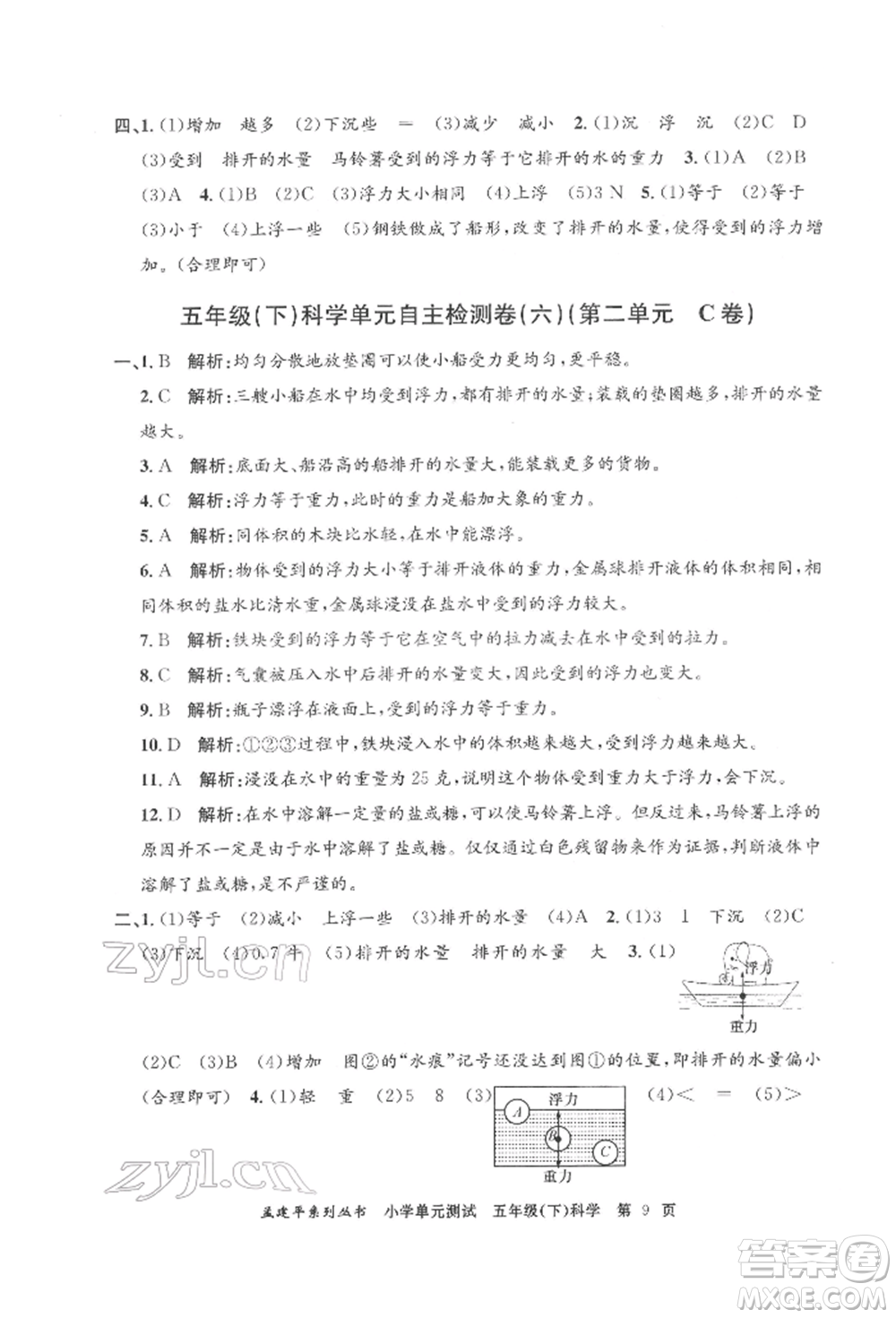 浙江工商大學(xué)出版社2022孟建平系列小學(xué)單元測(cè)試五年級(jí)下冊(cè)科學(xué)教科版參考答案