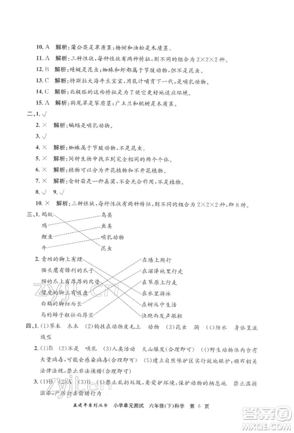 浙江工商大學(xué)出版社2022孟建平系列小學(xué)單元測試六年級下冊科學(xué)教科版參考答案