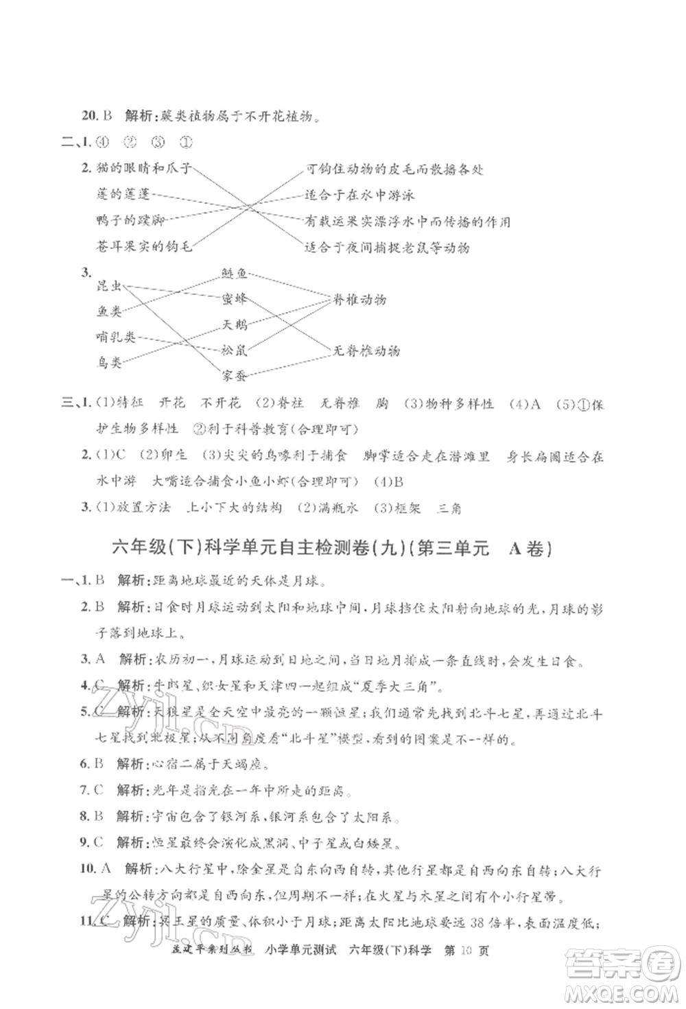 浙江工商大學(xué)出版社2022孟建平系列小學(xué)單元測試六年級下冊科學(xué)教科版參考答案