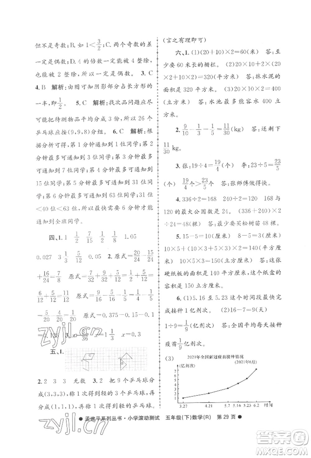 浙江工商大學(xué)出版社2022孟建平系列小學(xué)滾動測試五年級下冊數(shù)學(xué)人教版參考答案