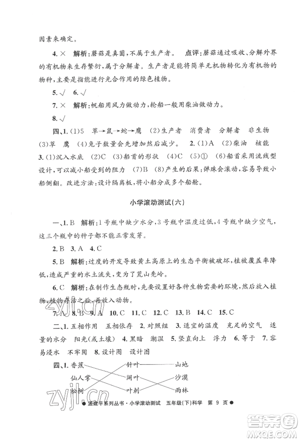 浙江工商大學(xué)出版社2022孟建平系列小學(xué)滾動測試五年級下冊科學(xué)教科版參考答案