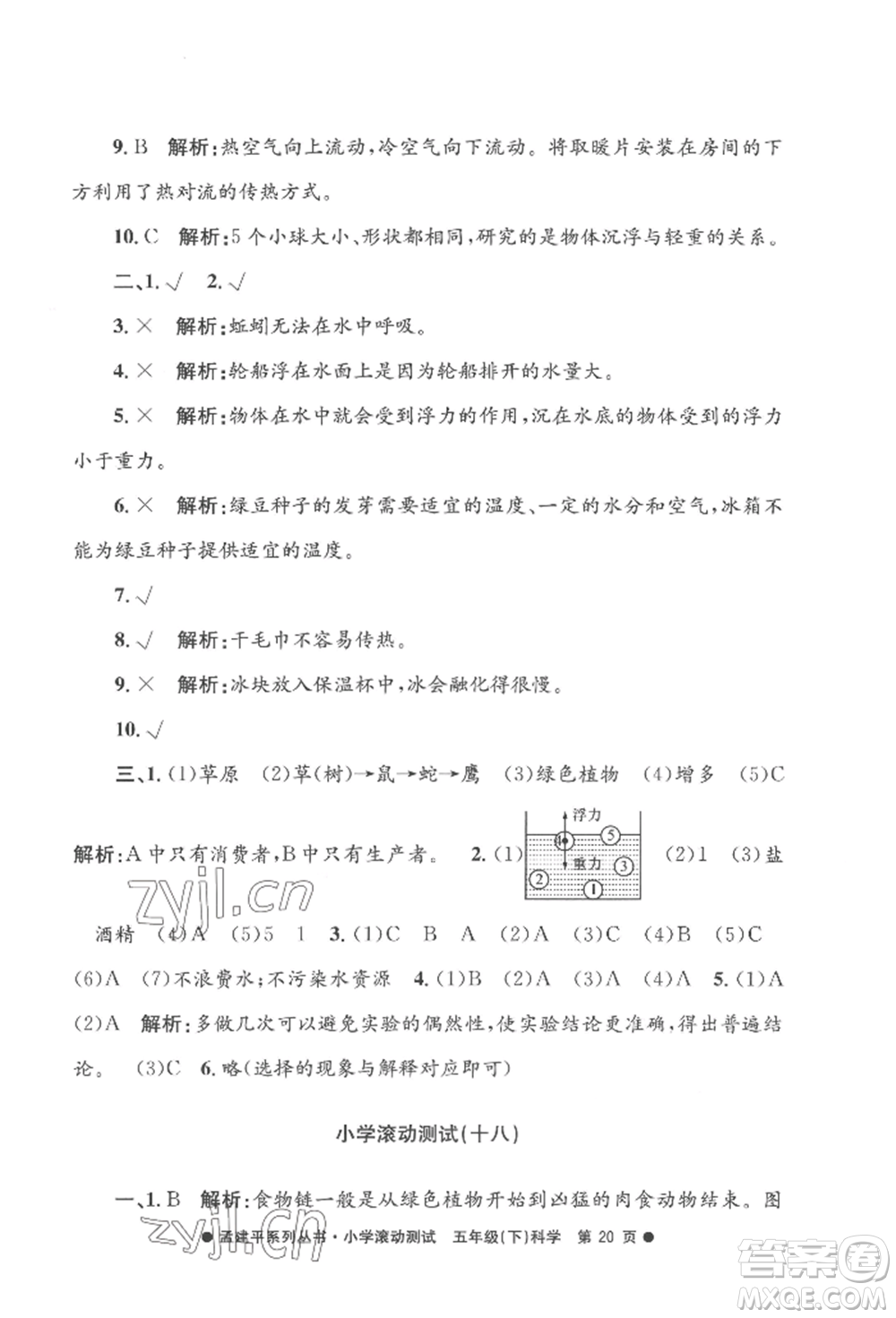 浙江工商大學(xué)出版社2022孟建平系列小學(xué)滾動測試五年級下冊科學(xué)教科版參考答案