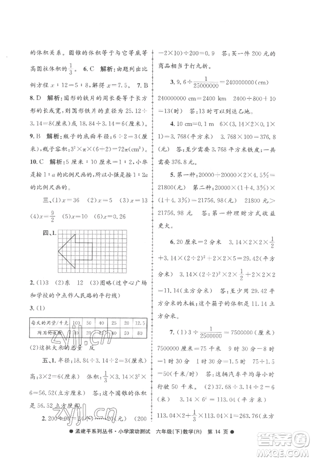 浙江工商大學(xué)出版社2022孟建平系列小學(xué)滾動(dòng)測(cè)試六年級(jí)下冊(cè)數(shù)學(xué)人教版參考答案