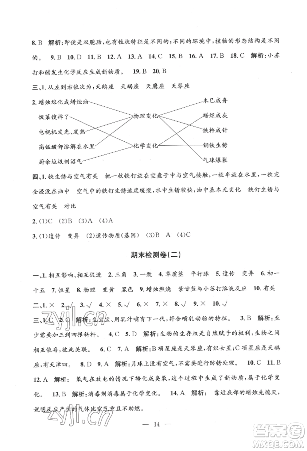 河海大學(xué)出版社2022孟建平系列課時(shí)精練六年級(jí)下冊(cè)科學(xué)教科版參考答案