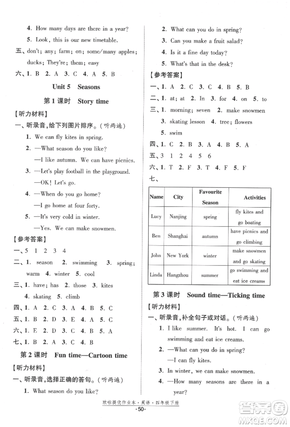 江蘇鳳凰美術(shù)出版社2022歐拉提優(yōu)作業(yè)本四年級英語下冊譯林版參考答案