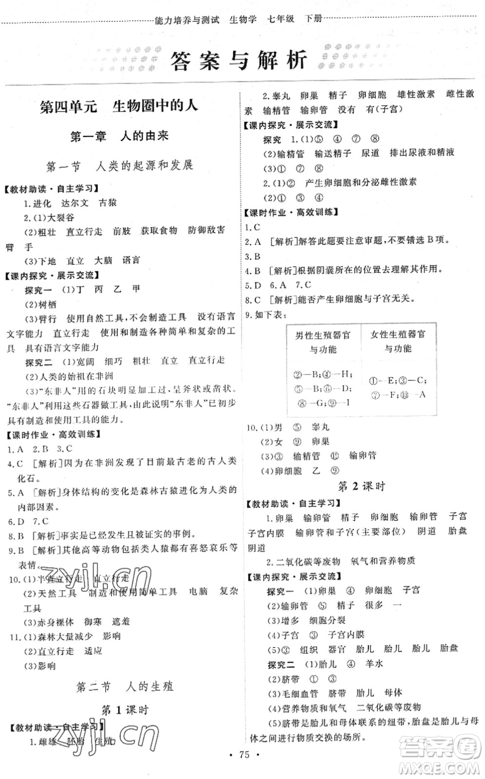 人民教育出版社2022能力培養(yǎng)與測(cè)試七年級(jí)生物下冊(cè)人教版湖南專版答案