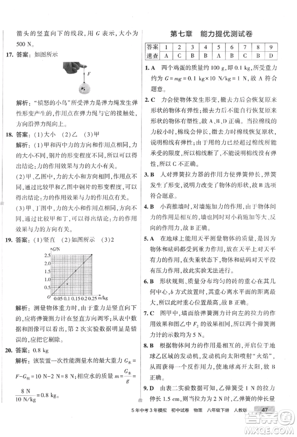 首都師范大學(xué)出版社2022年5年中考3年模擬初中試卷八年級下冊物理人教版參考答案