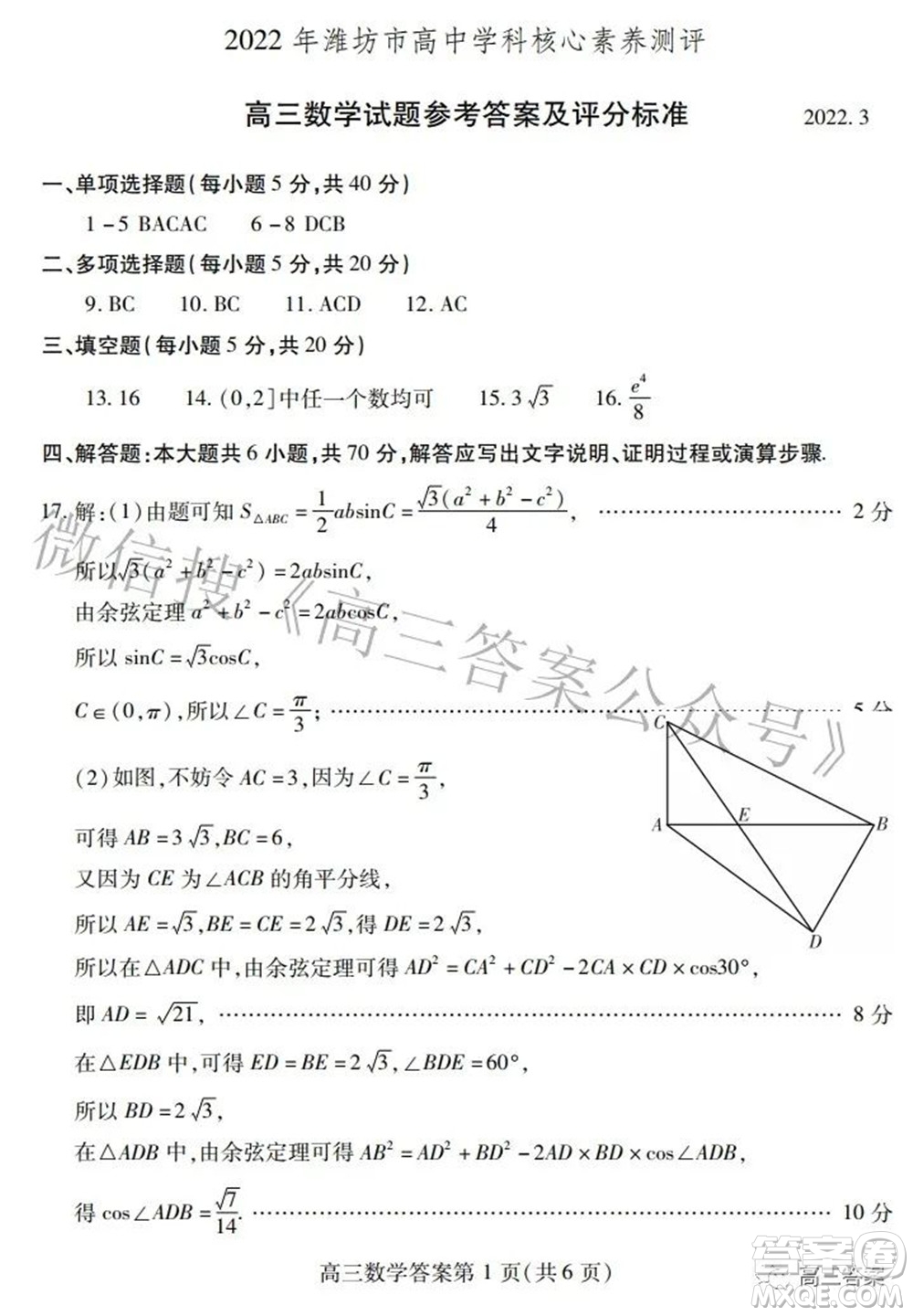 2022年濰坊市高中學(xué)科核心素養(yǎng)測評高三數(shù)學(xué)試題及答案