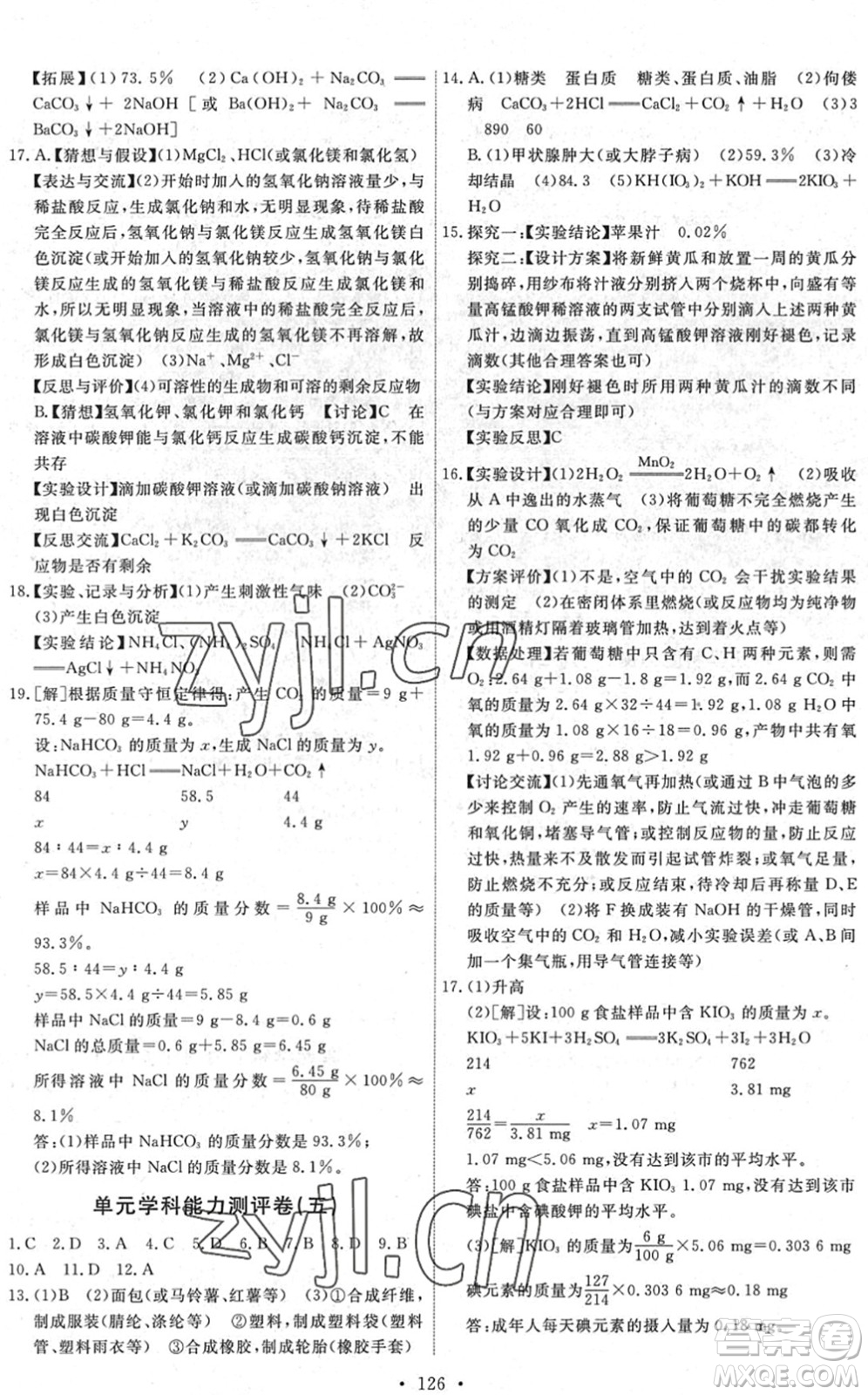人民教育出版社2022能力培養(yǎng)與測(cè)試九年級(jí)化學(xué)下冊(cè)人教版湖南專版答案
