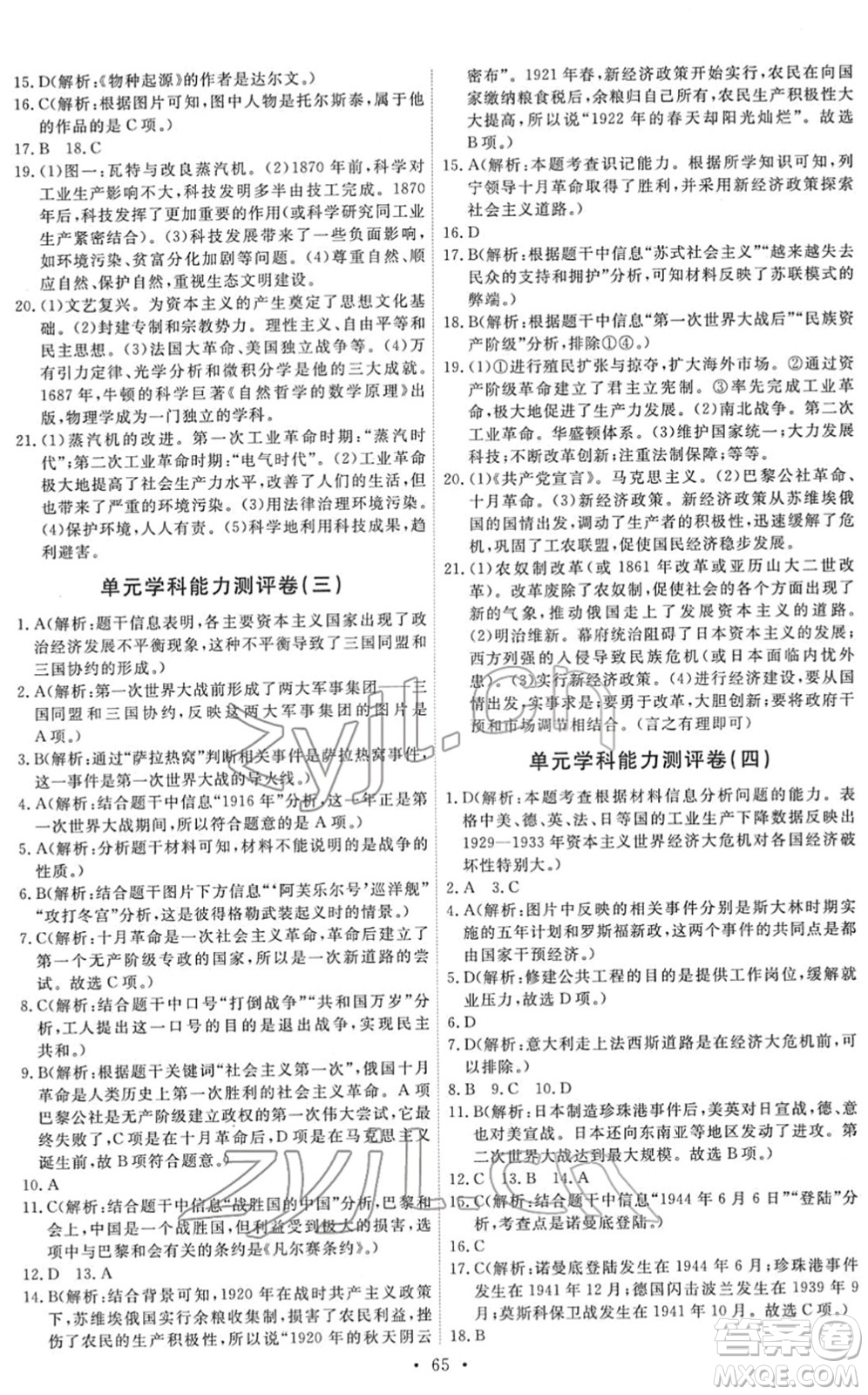 人民教育出版社2022能力培養(yǎng)與測試九年級歷史下冊人教版湖南專版答案