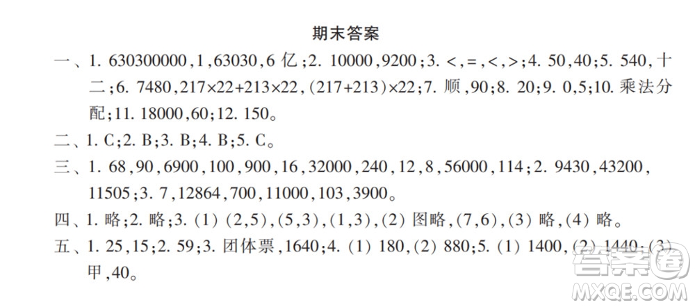 2022春小學生數(shù)學報配套試卷四年級下冊期末測試卷參考答案