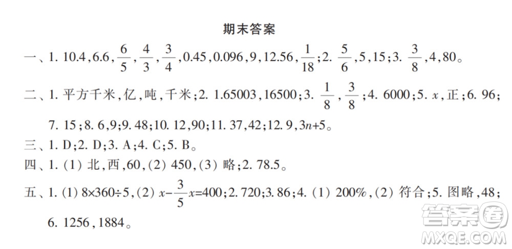 2022春小學(xué)生數(shù)學(xué)報(bào)配套試卷六年級(jí)下冊(cè)期末測試卷參考答案