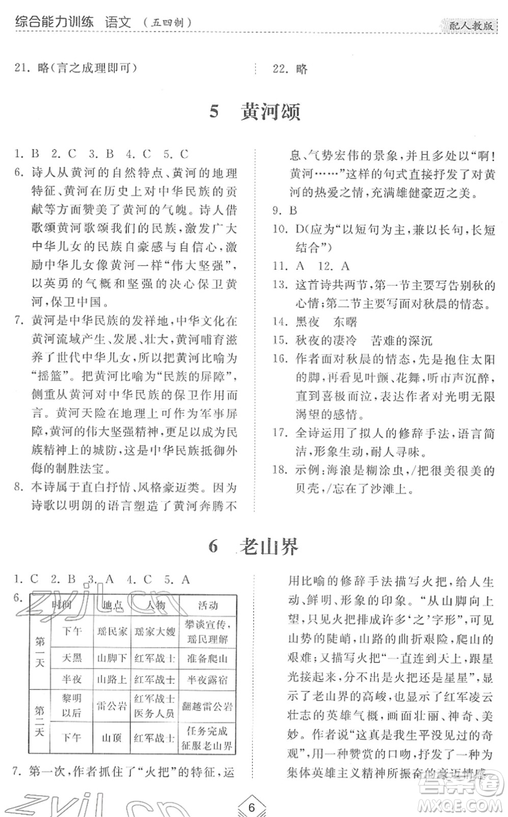 山東人民出版社2022綜合能力訓(xùn)練七年級(jí)語文下冊(cè)人教版五四學(xué)制答案