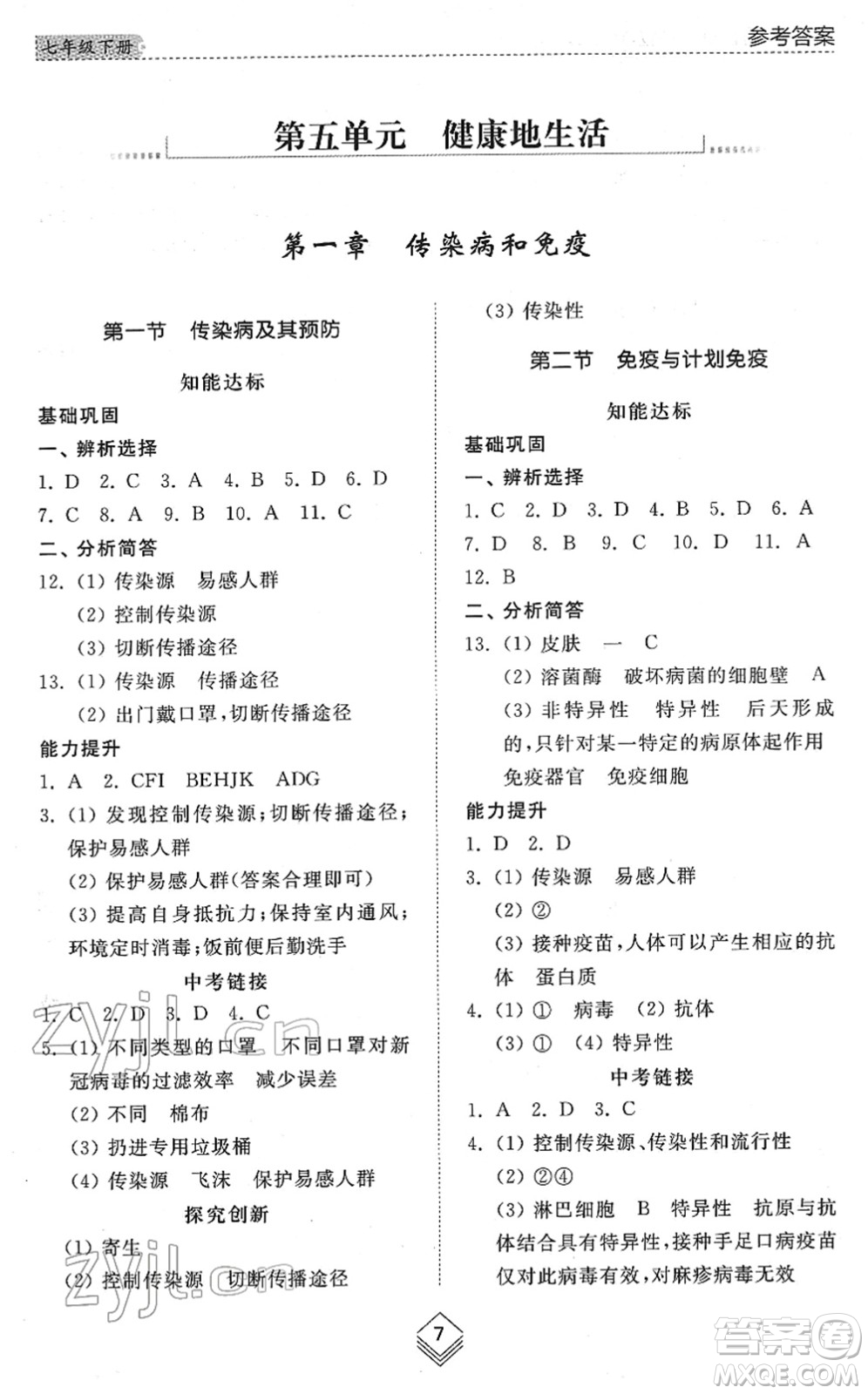 山東人民出版社2022綜合能力訓(xùn)練七年級生物下冊魯科版五四學(xué)制答案