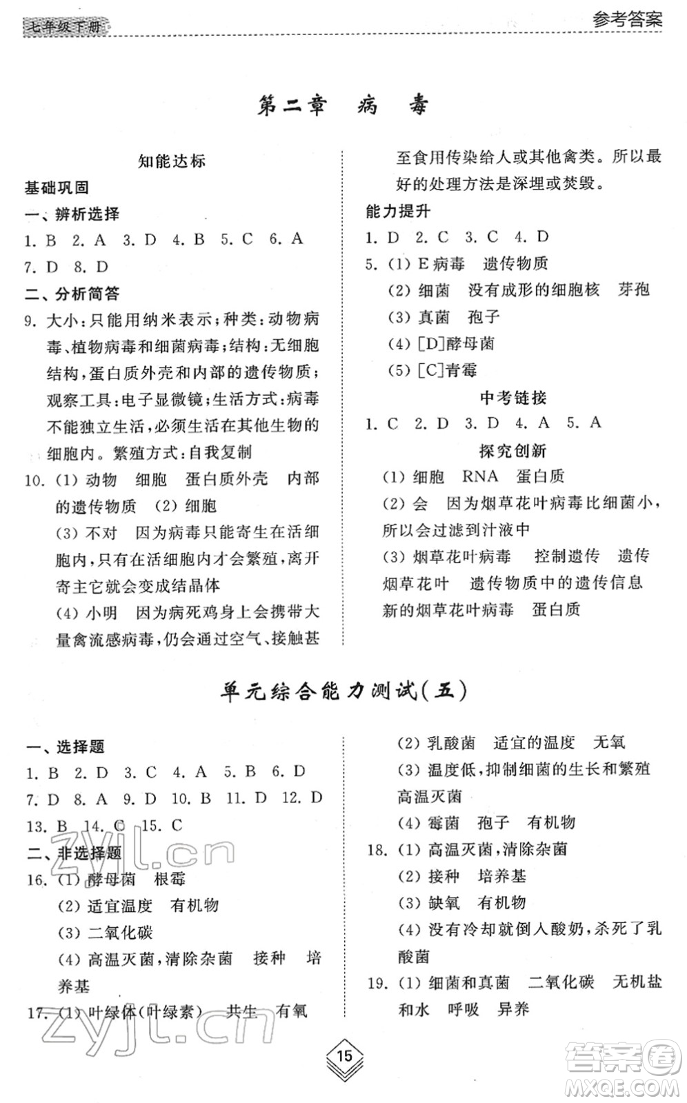 山東人民出版社2022綜合能力訓(xùn)練七年級生物下冊魯科版五四學(xué)制答案