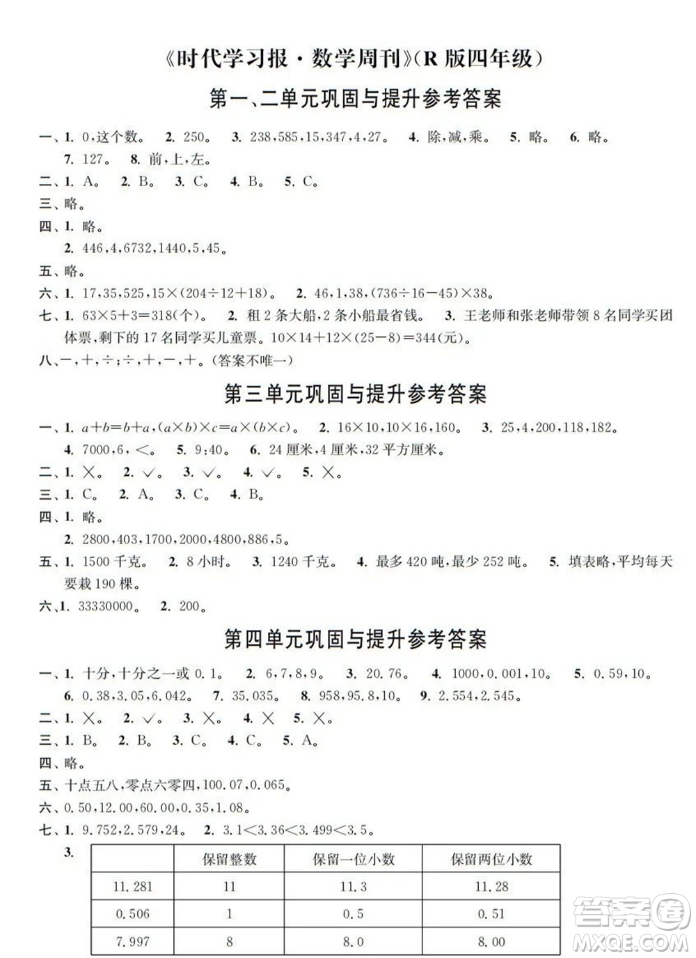 時代學(xué)習(xí)報數(shù)學(xué)周刊2021-2022學(xué)年度R人教版四年級第二學(xué)期鞏固與提升參考答案