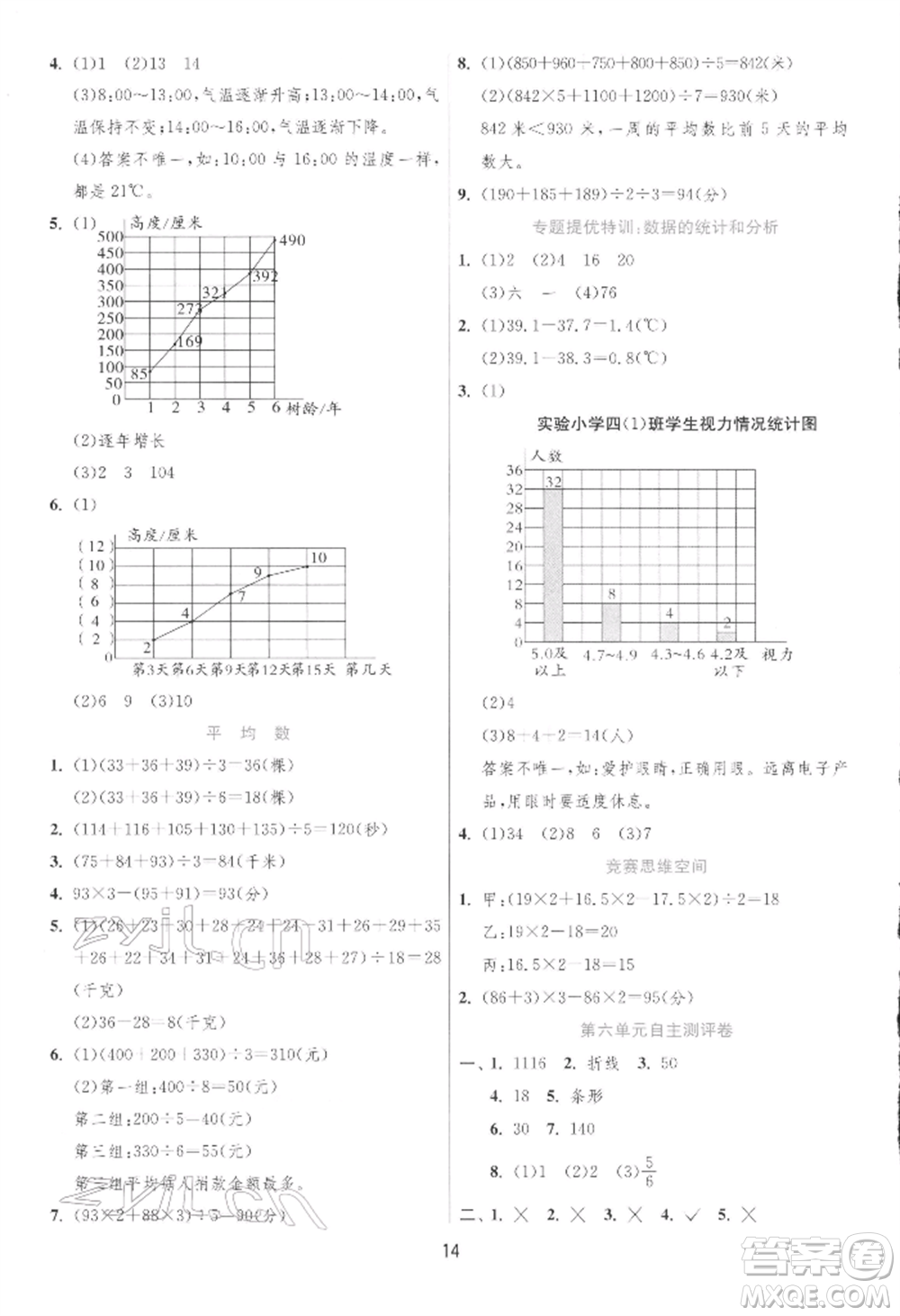 江蘇人民出版社2022實(shí)驗(yàn)班提優(yōu)訓(xùn)練四年級(jí)下冊(cè)數(shù)學(xué)北師大版參考答案