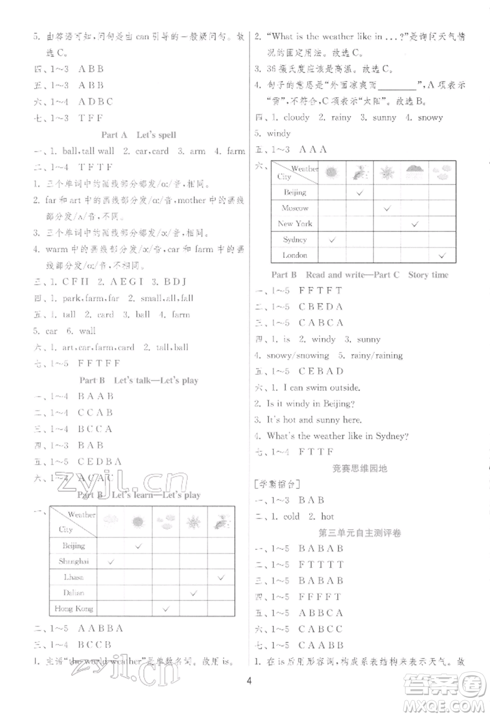 江蘇人民出版社2022實驗班提優(yōu)訓練四年級下冊英語人教版參考答案