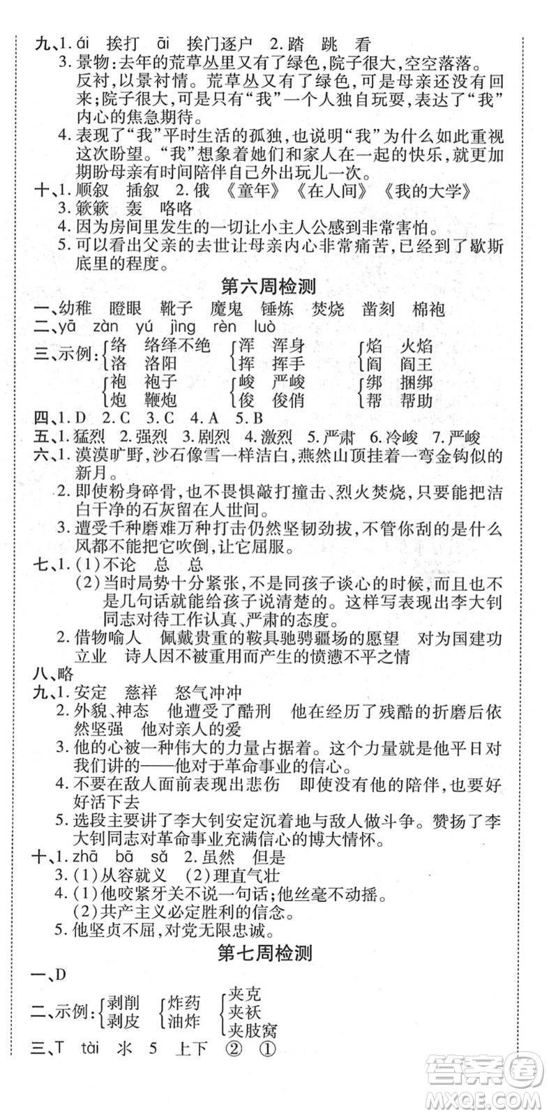 中州古籍出版社2022全能練考卷六年級(jí)語文下冊(cè)RJ人教版答案