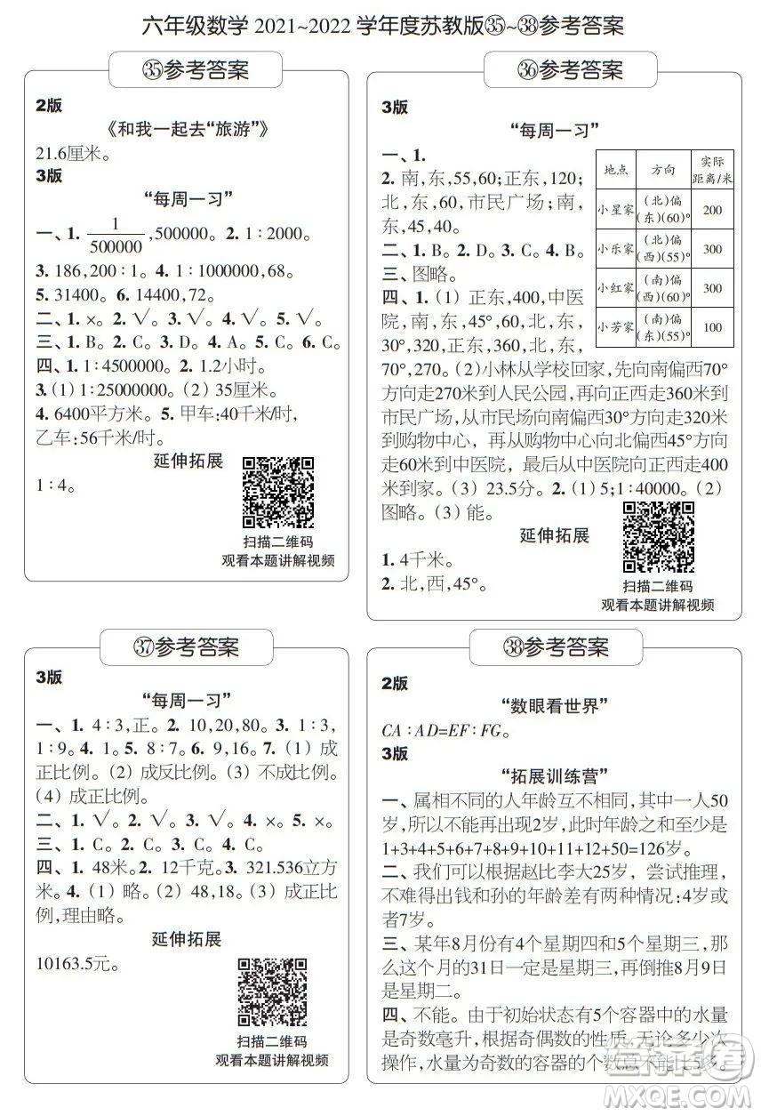 時代學(xué)習(xí)報數(shù)學(xué)周刊六年級2021-2022學(xué)年度蘇教版第35-38期參考答案