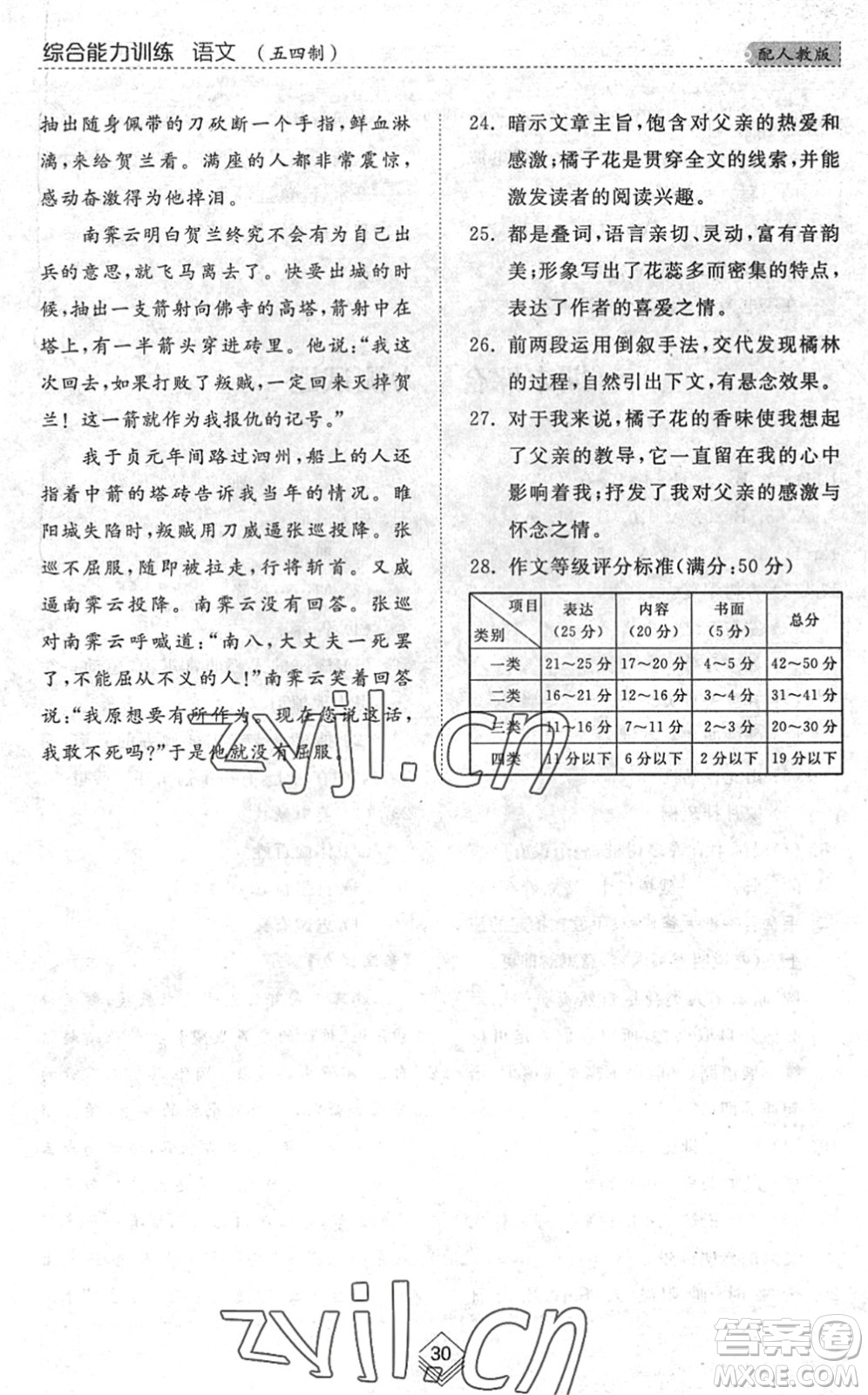 山東人民出版社2022綜合能力訓練八年級語文下冊人教版五四學制答案