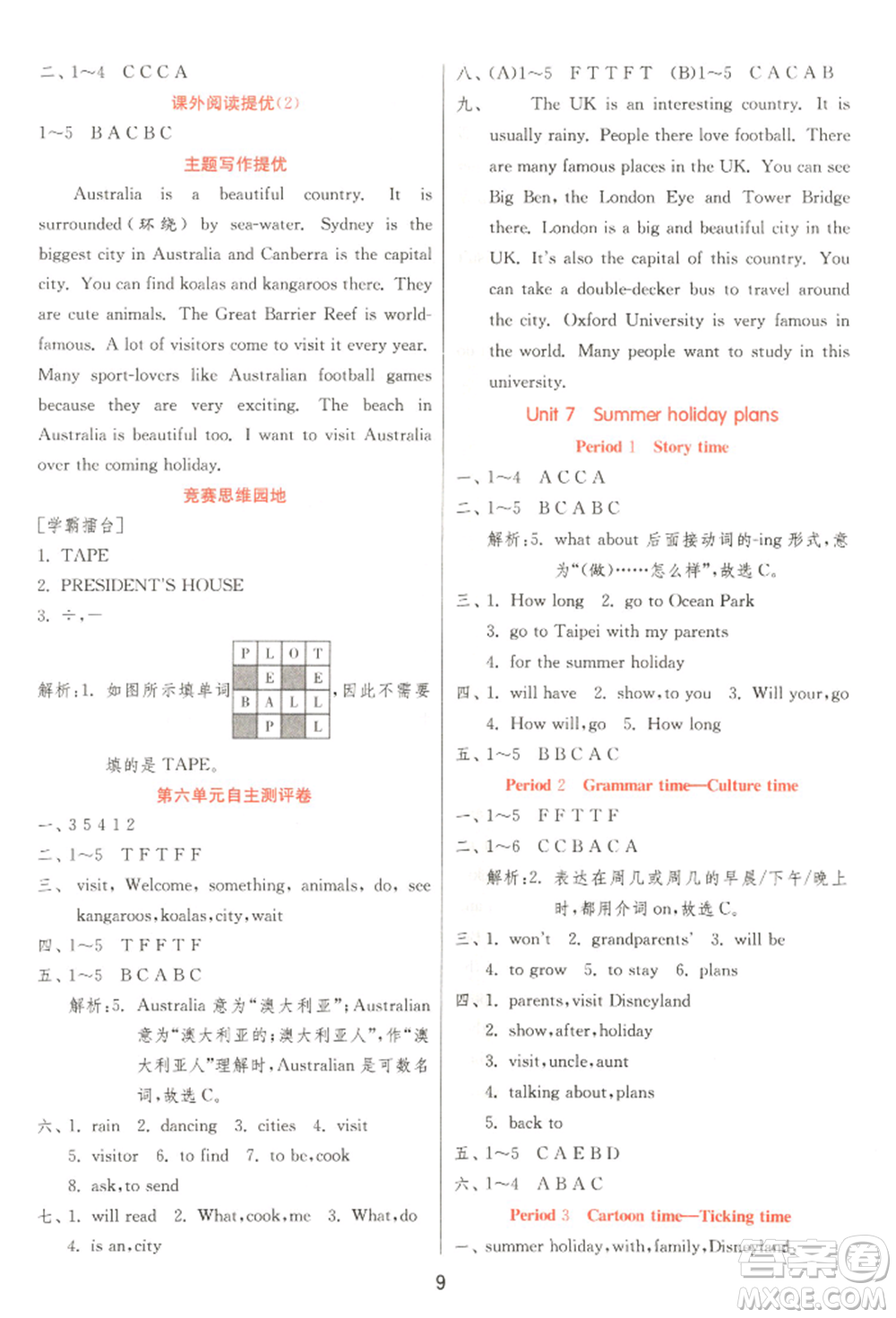 江蘇人民出版社2022實驗班提優(yōu)訓(xùn)練六年級下冊英語譯林版江蘇專版參考答案