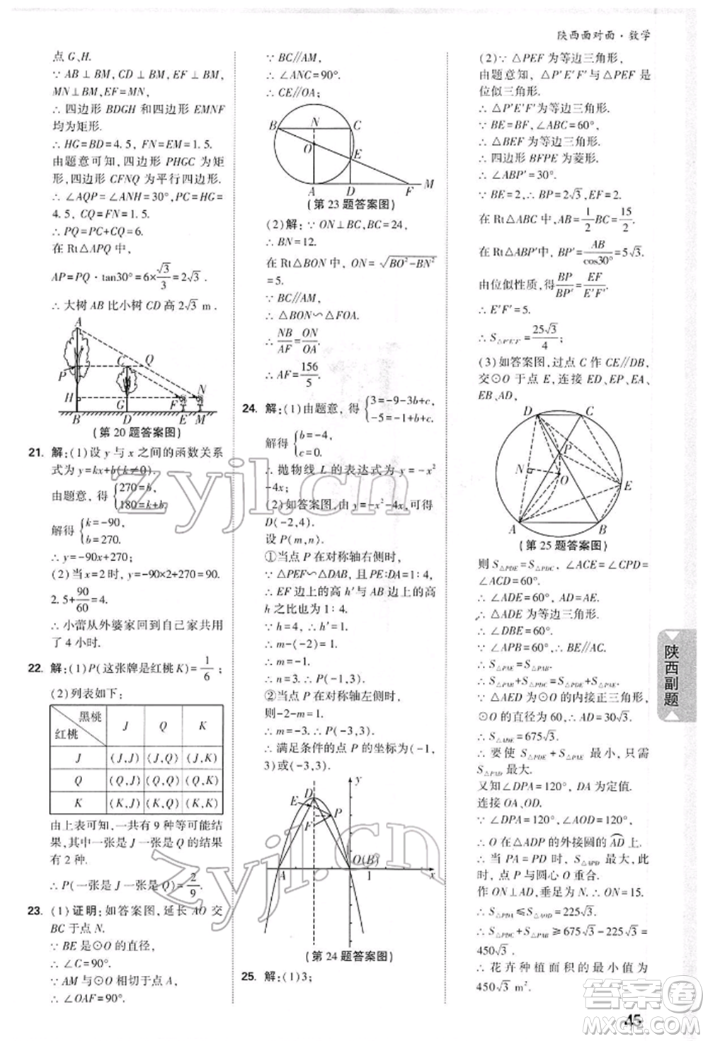 陜西科學技術出版社2022中考面對面九年級數(shù)學通用版陜西專版參考答案